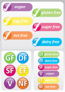 Selection of colorful food allergy labels including gluten, nut, dairy, sugar and egg free